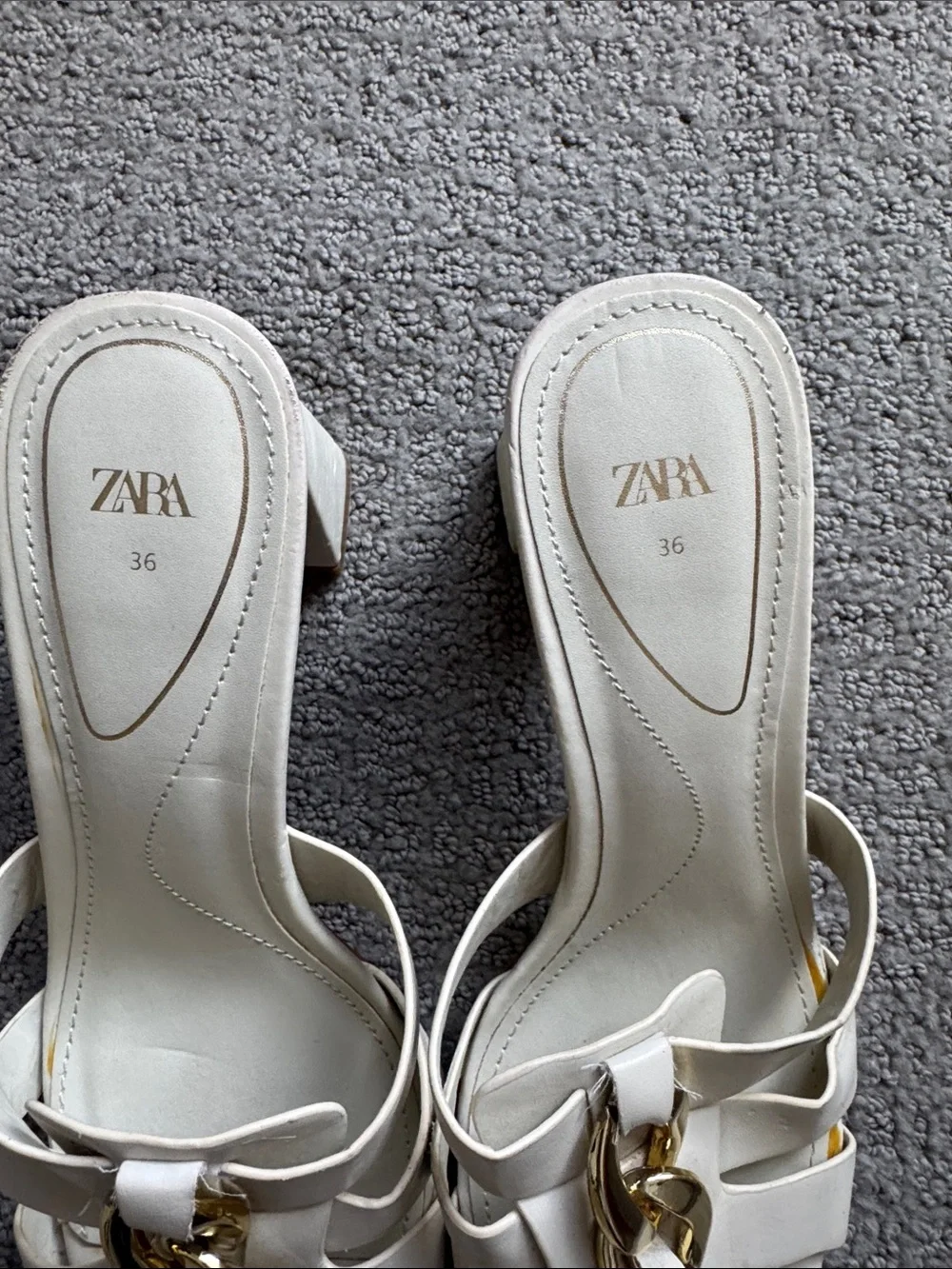 Zara White Heeled Mules with Gold Chain Accent - Picture 3 of 5